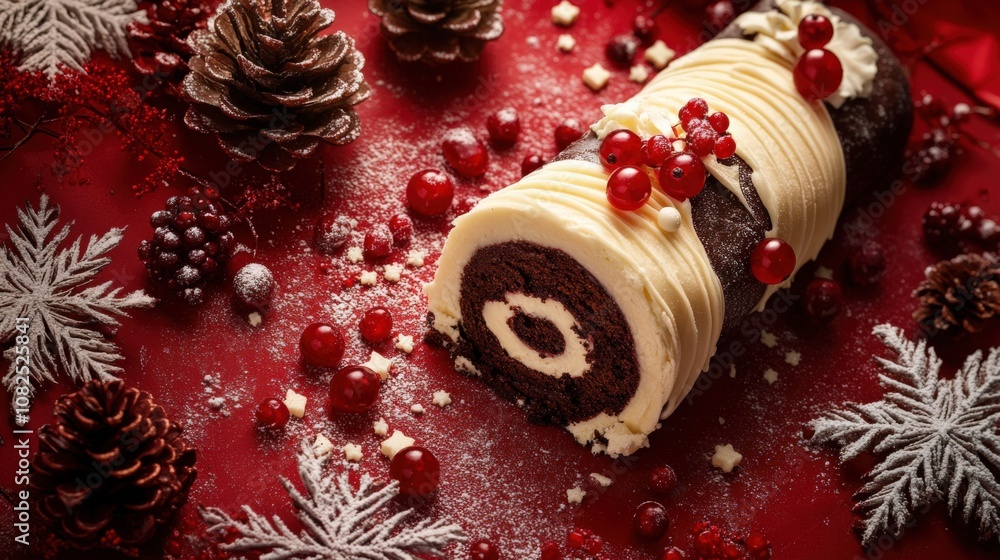 Festive Chocolate Yule Log Cake with Red Berries and Pinecones Festive Chocolate Yule Log Cake with Red Berries and Pinecones