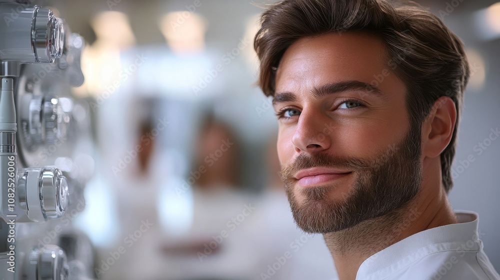Male patient consults with a cosmetologist about skincare options in a modern clinic setting Male patient consults with a cosmetologist about skincare options in a modern clinic setting