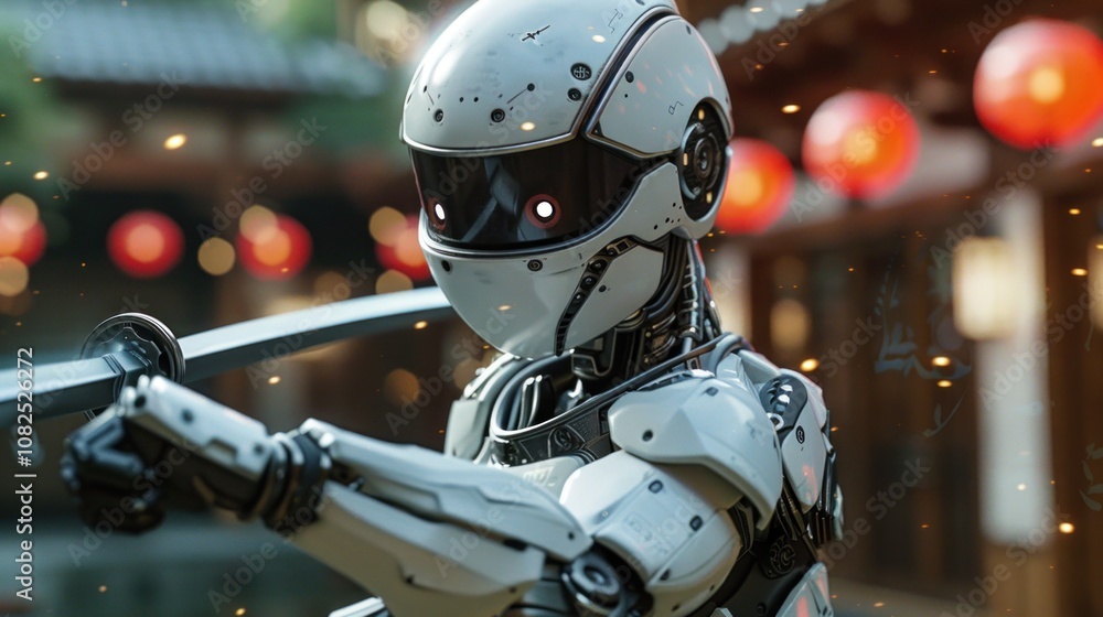A futuristic robot in white armor stands with a sword in a Japanese setting with red lanterns in the background. A futuristic robot in white armor stands with a sword in a Japanese setting with red lanterns in the background.