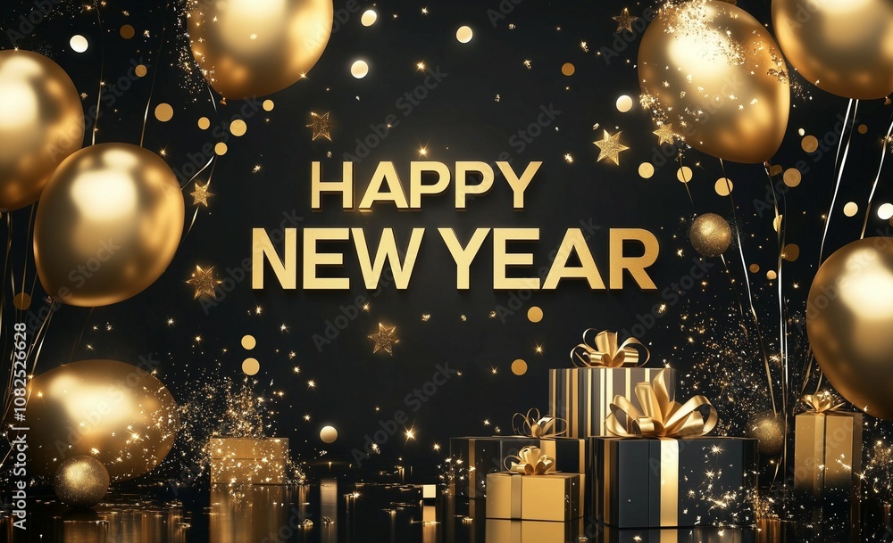 Naklejka premium Elegant gold-themed New Year backdrop with shiny balloons, gifts, and sparkles surrounding the bold 'Happy New Year' greeting. Perfect for festive celebrations and holiday cards.