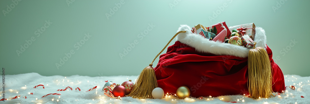 Fototapeta premium Red Santa Bag Filled with Christmas Gifts and Ornaments