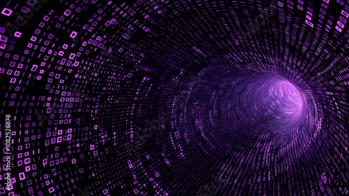 Journey Through a Digital Vortex of Floating Neon Particles and Binary Code, an Abstract Representation of Technology and Data Flow in Vibrant Purple Hues