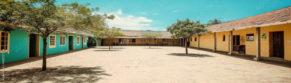 Fototapeta premium A courtyard surrounded by colorful buildings under a clear blue sky.