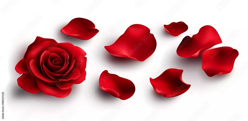 Red rose petals floating in the air against a white background, vector illustration. Captured with a wide-angle lens, the image has a realistic Red rose petals floating in the air against a white background, vector illustration. Captured with a wide-angle lens, the image has a realistic