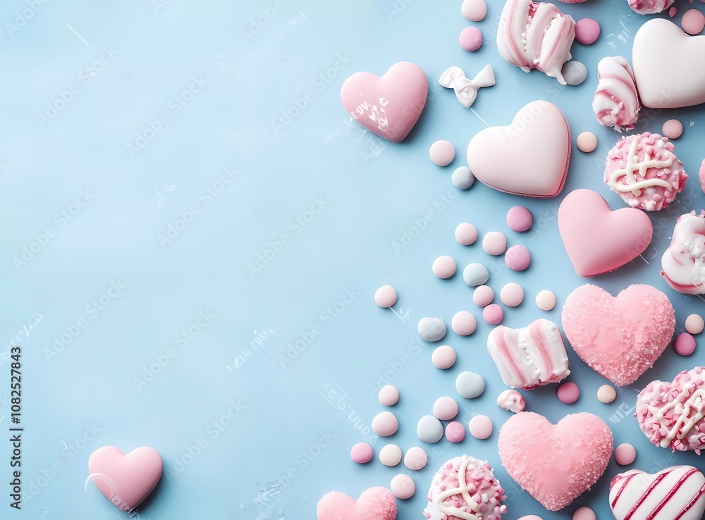Valentine's Day background with pink hearts and candy on a pastel-colored, flat-lay, top-view copy space banner mockup Valentine's Day background with pink hearts and candy on a pastel-colored, flat-lay, top-view copy space banner mockup