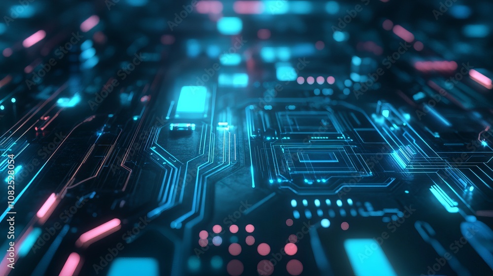Abstract futuristic circuit board technology design with high-tech processing elements and digital connections in a modern innovation background