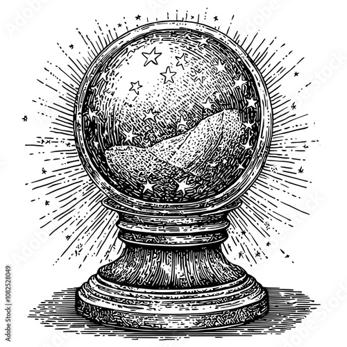 An illustration of a fortune teller with a magic crystal ball and clairvoyance. A typical comic style illustration.