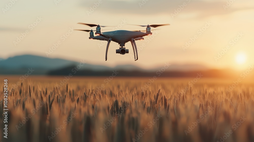 A drone hovers over a golden field at sunset, capturing stunning aerial views of the landscape. A drone hovers over a golden field at sunset, capturing stunning aerial views of the landscape.