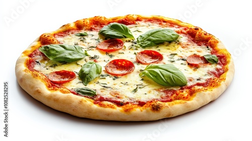 Delicious Pepperoni Pizza with Fresh Basil on White Background