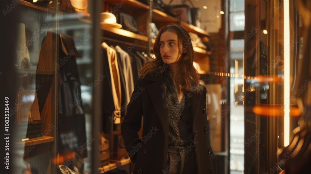 Chic Woman Browsing Stylish Clothes in a Fashion Store at Night Chic Woman Browsing Stylish Clothes in a Fashion Store at Night