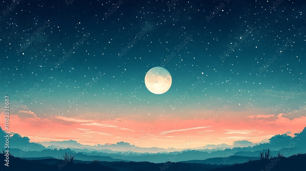 A full moon hangs in the night sky over a dark, silhouetted landscape. A full moon hangs in the night sky over a dark, silhouetted landscape.