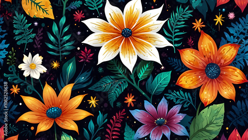 Vibrant and colorful floral pattern design on a dark background, perfect for spring-themed projects or nature-inspired graphics
