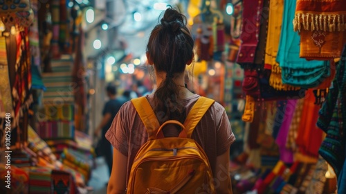 A traveler with an orange backpack exploring a vibrant market filled with colorful fabrics and decorations.