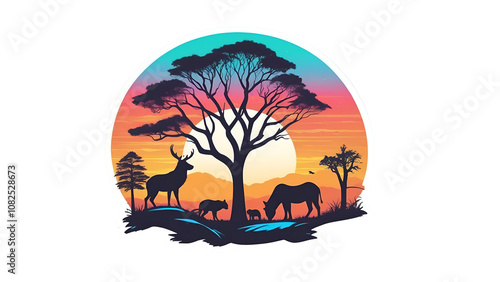 A vibrant silhouette of wildlife, featuring a majestic tree and various animals, set against a colorful sunset backdrop, ideal for nature and adventure-themed designs