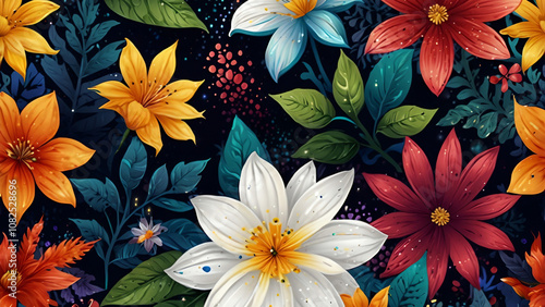 A stunning floral arrangement featuring vibrant lilies and colorful blossoms against a deep, textured background, ideal for spring-themed designs and nature-inspired artwork