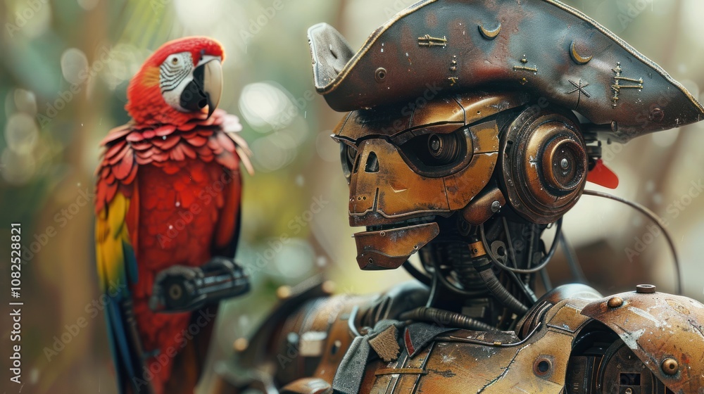 Fototapeta premium A robotic pirate with a parrot perched on its shoulder.