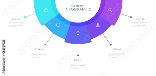 Semicircular pie chart. Concept of five features of startup project to select. Infographic vector illustration for business information visualization.