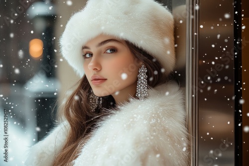 A Slavic girl with long hair is wearing an off-white mink fur hat on her head, white fur coat