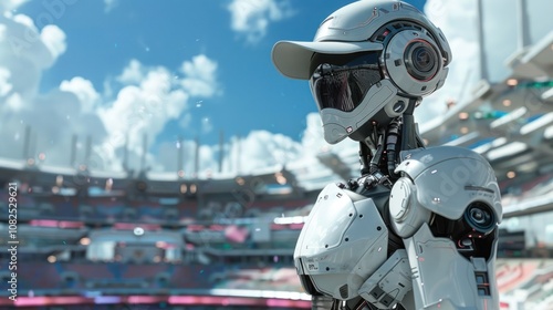 A white robot in a futuristic stadium.