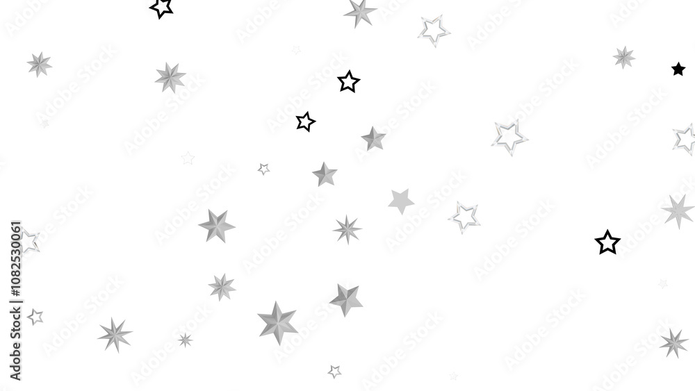 Fototapeta premium A simple abstract graphic with silver stars scattered on a black background. The stars are various sizes and give off a bright, shiny and sparkling feel.