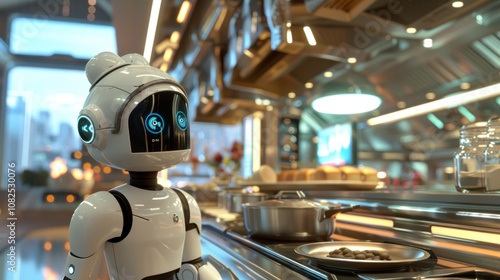 A white robot chef stands in a futuristic kitchen, preparing food.