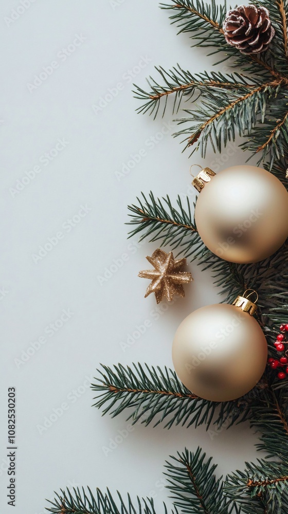 Christmas border composition with golden baubles and pine branches on white background Christmas border composition with golden baubles and pine branches on white background