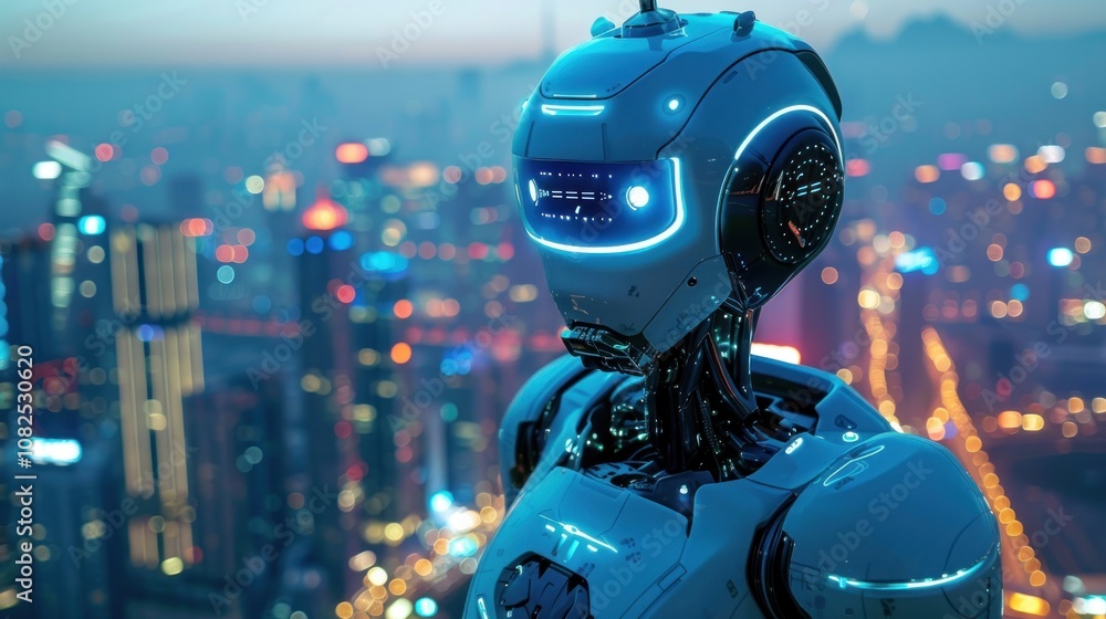 A futuristic robot stands in the foreground against a backdrop of a modern city skyline at night. A futuristic robot stands in the foreground against a backdrop of a modern city skyline at night.