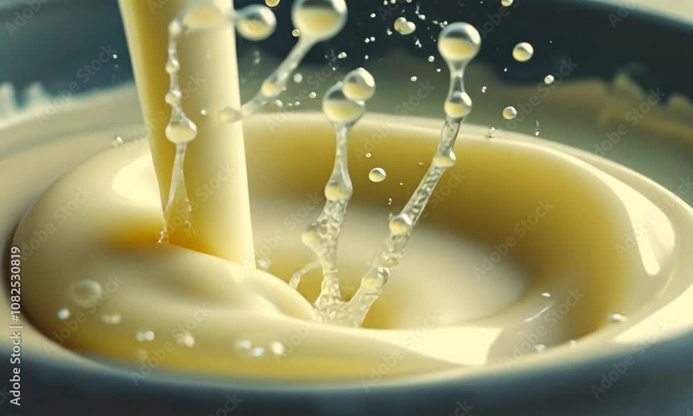 Creamy Liquid Pouring into a Bowl, Creating Ripples and Droplets in a Soft White Substance, Capturing the Essence of Culinary Delights and Textures Creamy Liquid Pouring into a Bowl, Creating Ripples and Droplets in a Soft White Substance, Capturing the Essence of Culinary Delights and Textures