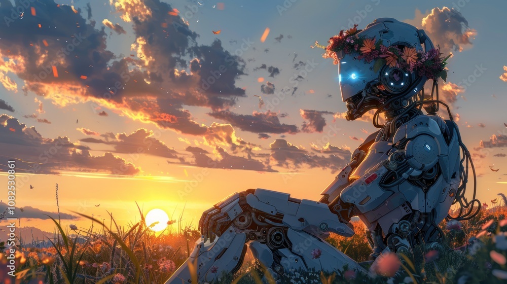 A humanoid robot with a floral crown sits in a field, gazing at a sunset. A humanoid robot with a floral crown sits in a field, gazing at a sunset.