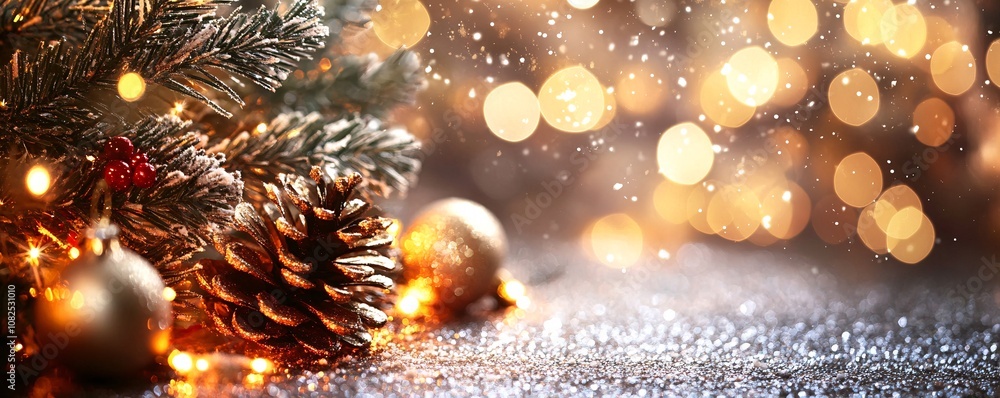 Christmas pine cone and ornaments sparkling on glitter background Christmas pine cone and ornaments sparkling on glitter background