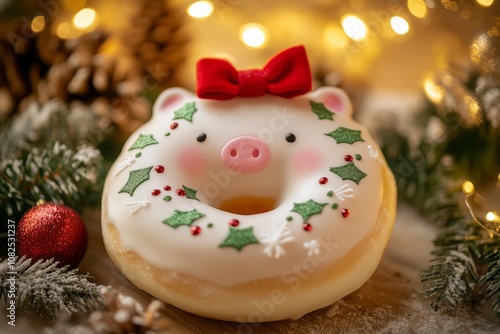 Christmas-themed plush soft doughnut with white icing, green sprinkles, and a red bow on top. Christmas Piglet toy character with pink cheeks and a nose in front of festive decorations