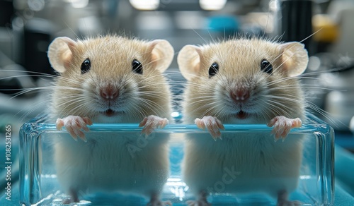 Two curious mice peeking over a lab container in a research setting photo