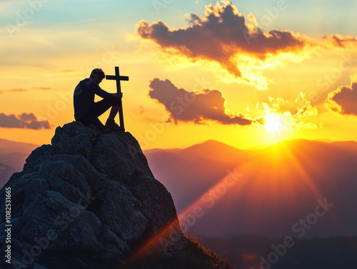 A moment of reflection under a vibrant sunset with a person holding a cross on a rocky hill