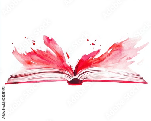 Open book with vibrant red watercolor splashes on a white background.