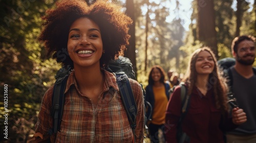 Group of friends hiking through a sunlit forest, enjoying nature and each other's company, AI