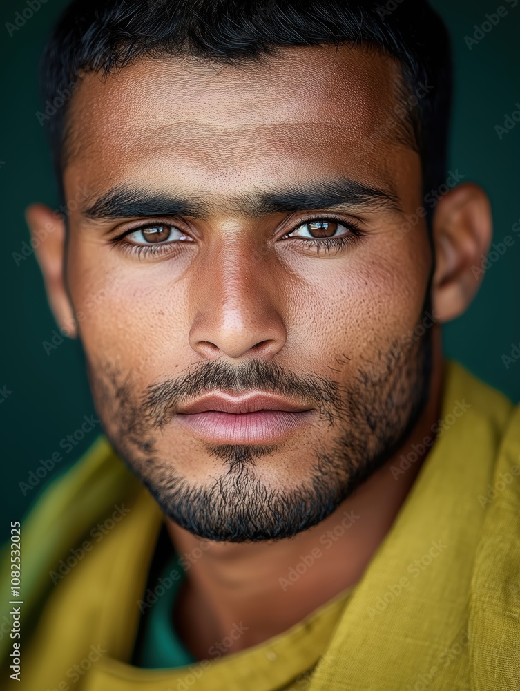 Obraz premium Portrait of a young Afghan man with a beard with a thoughtful expression, soft studio lighting on a dark background