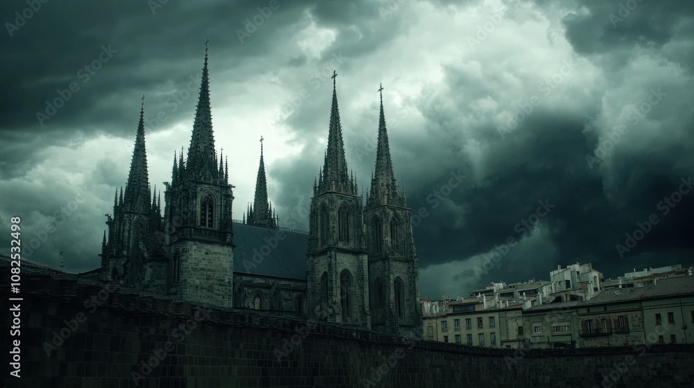 A dramatic view of a gothic cathedral under a stormy sky. A dramatic view of a gothic cathedral under a stormy sky.