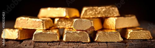 Stacked Gold Bars on Wooden Surface - Precious Metal Investment Concept photo