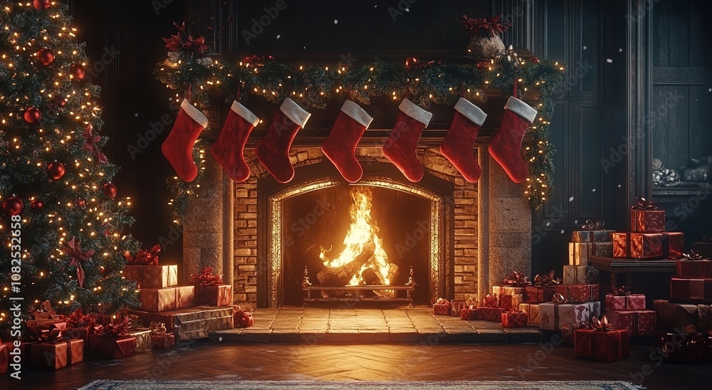 A cozy Christmas fireplace scene with hanging stockings and presents A cozy Christmas fireplace scene with hanging stockings and presents