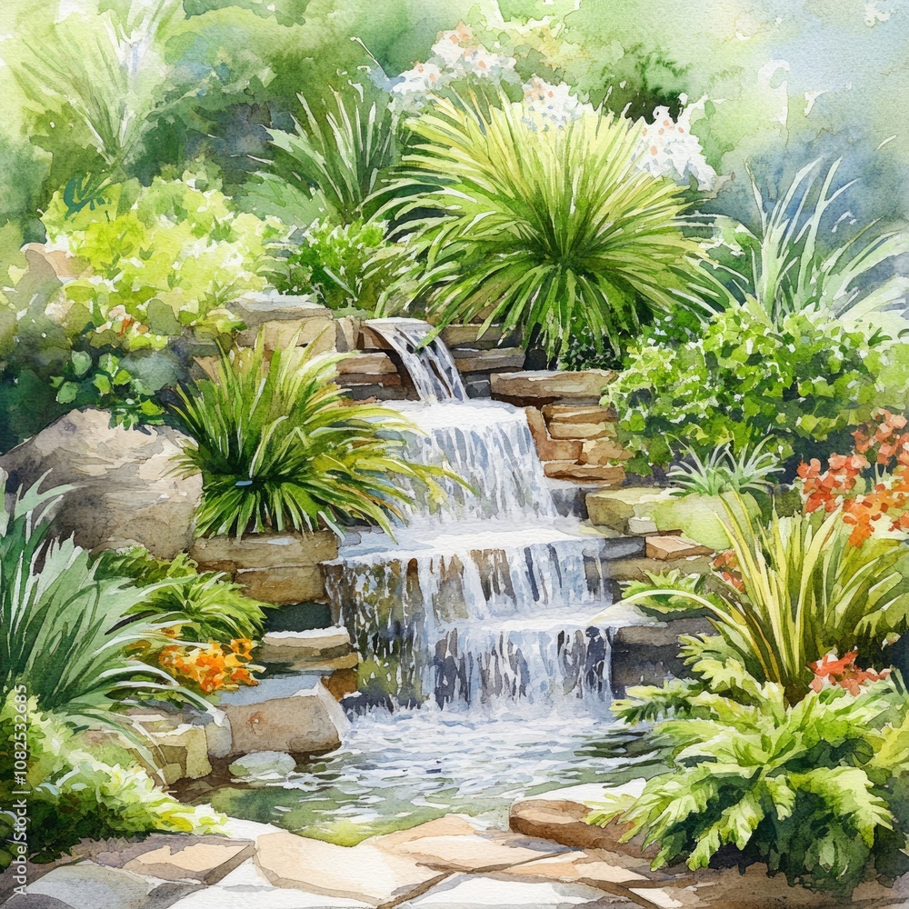 Botanical Paradise: Lush Garden Design with Waterfall and Watercolor Illustration Botanical Paradise: Lush Garden Design with Waterfall and Watercolor Illustration