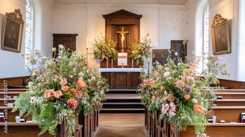 A serene chapel interior adorned with floral arrangements for a religious ceremony.