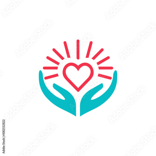 Icon featuring teal hands holding a radiant red heart, symbolizing care, love, and support. Represents compassion, kindness, and community service with a vibrant and uplifting design.