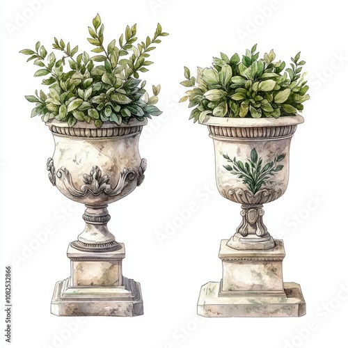 Fototapeta Naklejka Na Ścianę i Meble -  Elegant Marble Flowerpot Sculptures in Classic Garden Design
