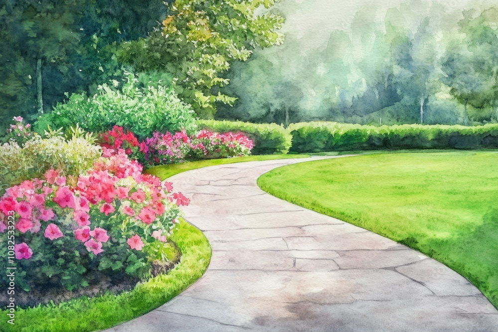 Garden Oasis with Watercolor Illustration of Lush Plants and Serene Pathway Garden Oasis with Watercolor Illustration of Lush Plants and Serene Pathway