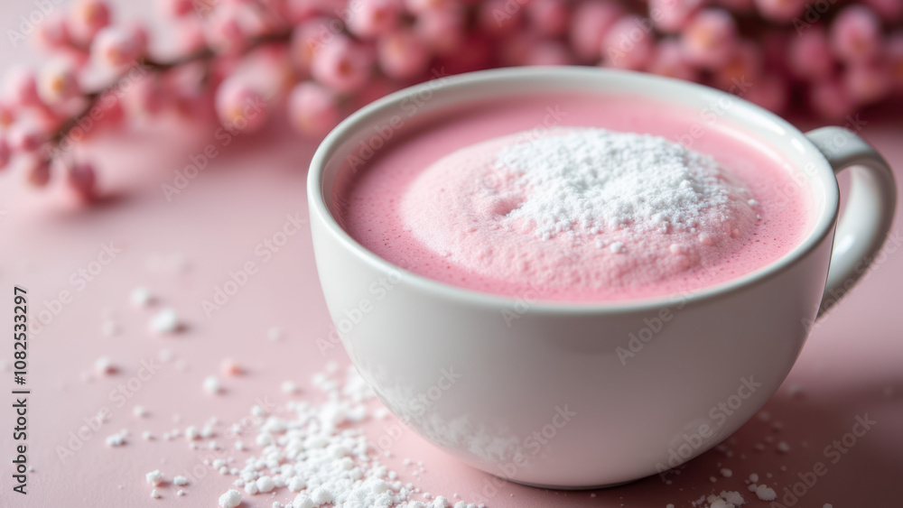 A delightful serving of pink matcha topped with a sprinkle of sugar on a white ceramic cup, set against a backdrop of pink flowers. A delightful serving of pink matcha topped with a sprinkle of sugar on a white ceramic cup, set against a backdrop of pink flowers.