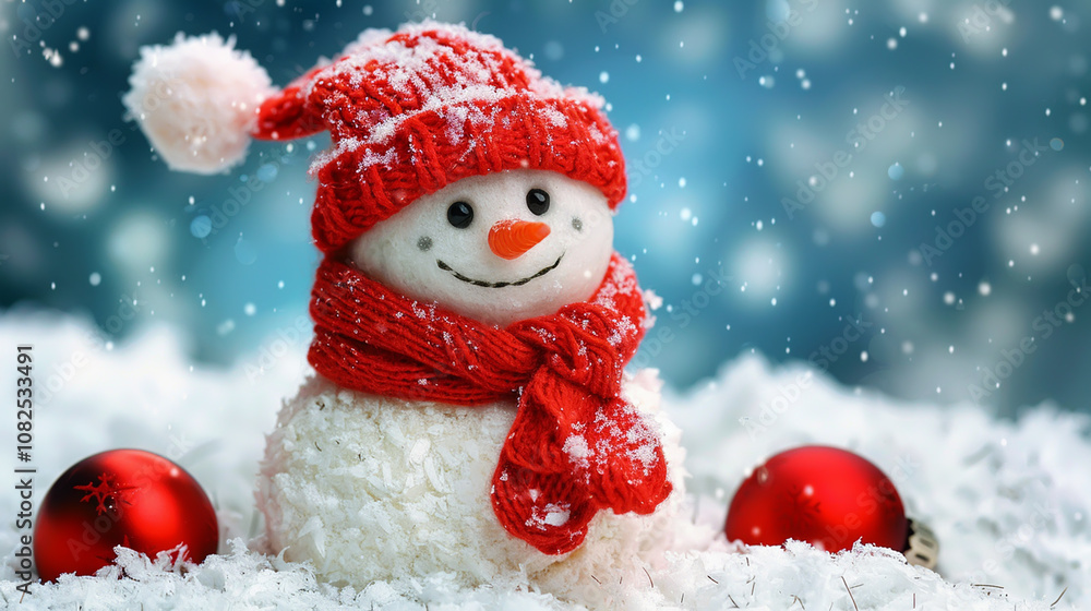 Smiling Snowman with Red Scarf and Hat in Snowy Winter Wonderland - Christmas Holiday Decor Smiling Snowman with Red Scarf and Hat in Snowy Winter Wonderland - Christmas Holiday Decor