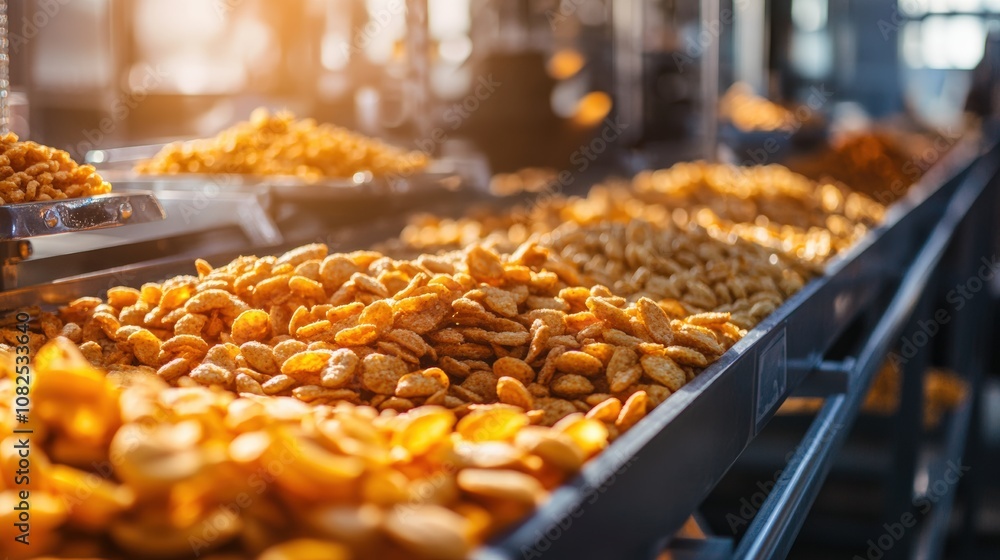 Close-up View of a Conveyor Belt Filled with Healthy Snacks in a Manufacturing Facility Close-up View of a Conveyor Belt Filled with Healthy Snacks in a Manufacturing Facility