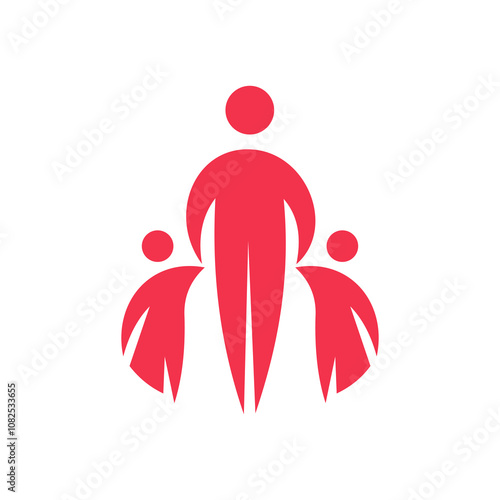 Red family icon symbolizing unity, protection, and togetherness. Featuring a central adult figure with two children on each side, forming a minimalist, abstract representation of family.