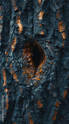 Close-up of a Tree Bark with Knotted Texture and Vibrant Colors of Nature photo