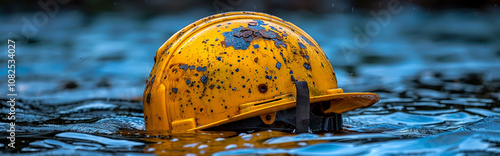 Rusty Yellow Safety Helmet Floating in Water - Abandoned, Flood, Industrial, Safety, Hardhat, Weathered, Protection photo